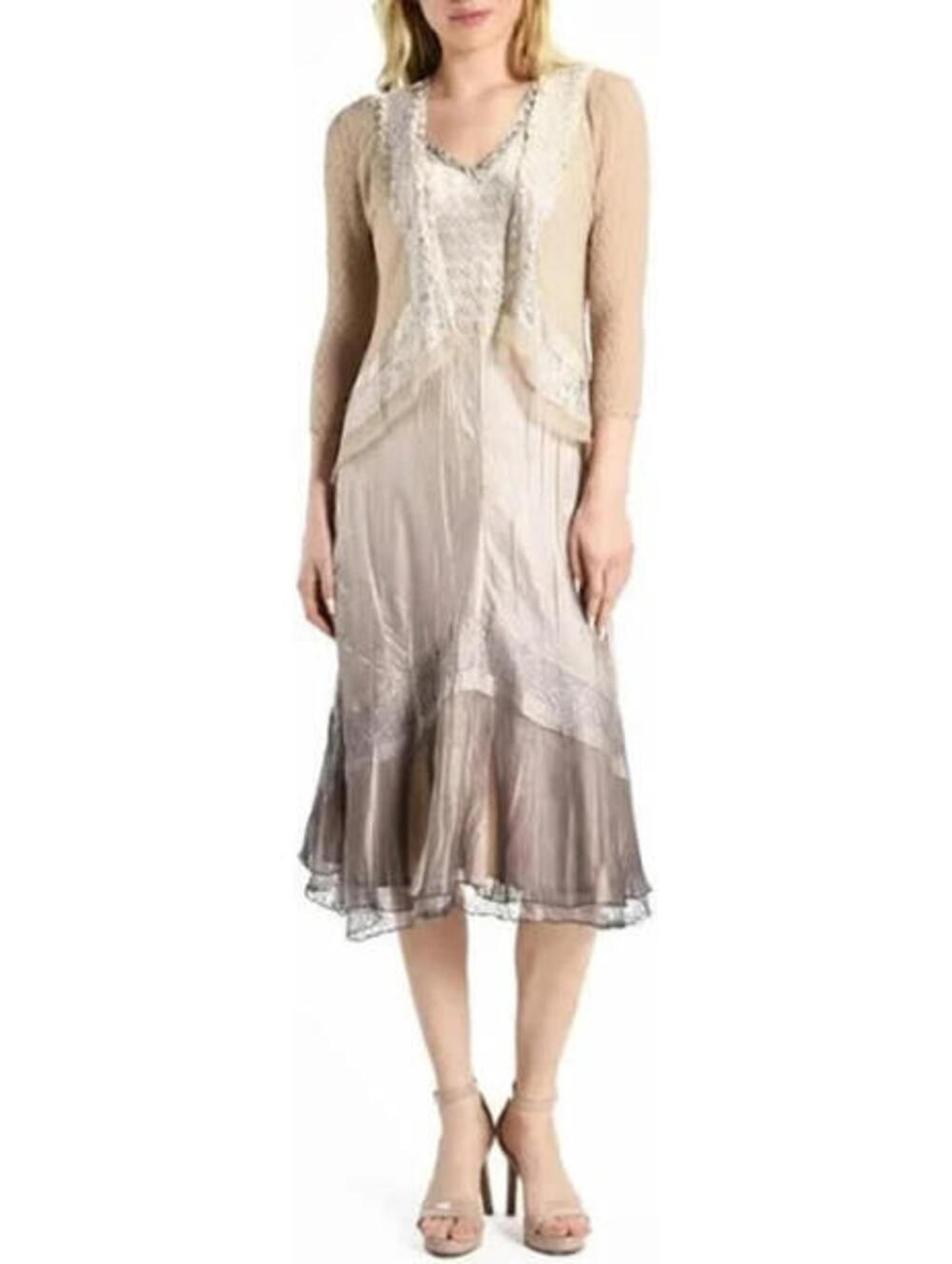 NEW, Koma Rov Beaded Neck Tiered Chiffon & Charmeuse Midi Dress Size S #LD0281